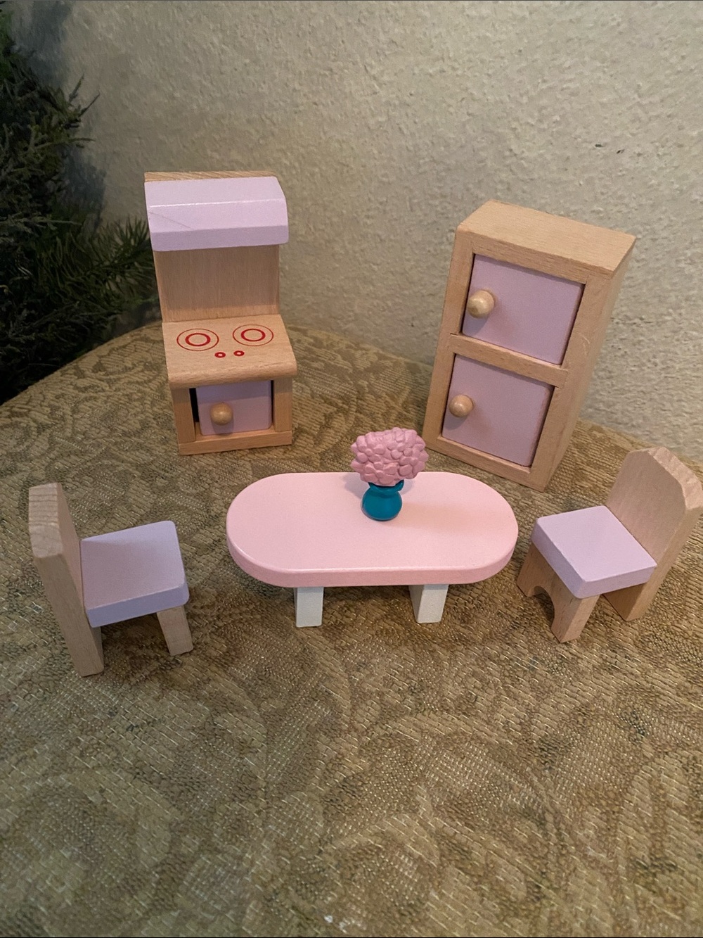 Wooden Dollhouse Furniture Set with Purple Pink and white Accents Kids Kraft